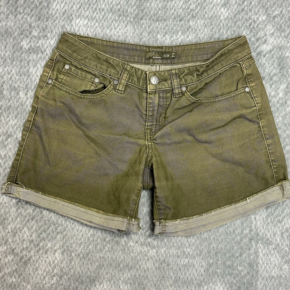 prAna Shorts Women's 28‎ Teal Raw Hem Organic Cotton Stretch Gorpcore Army Green